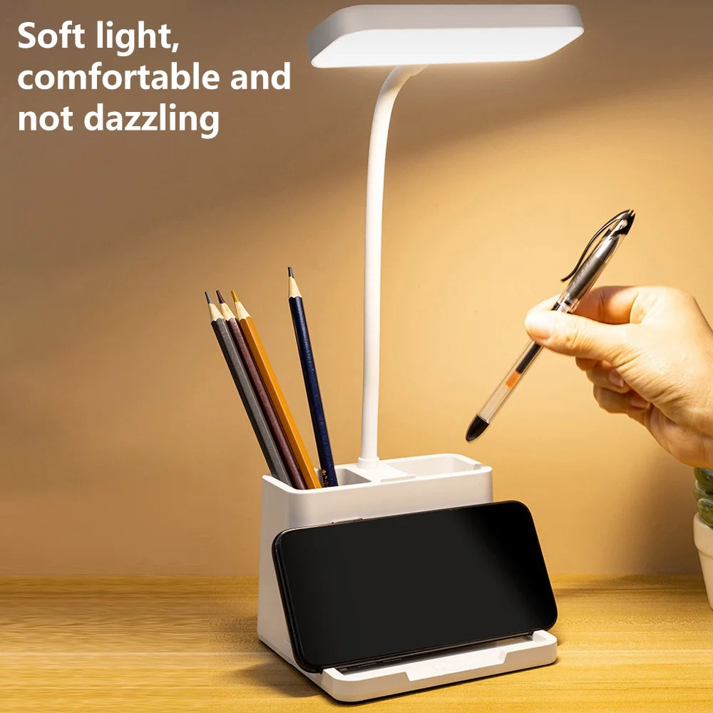 LED Desk Lamp with Pen Holder, Desk Light Rechargeable Eye-Caring Flexible Gooseneck - Bedside Table Lamp for Reading, Small Study Lamp